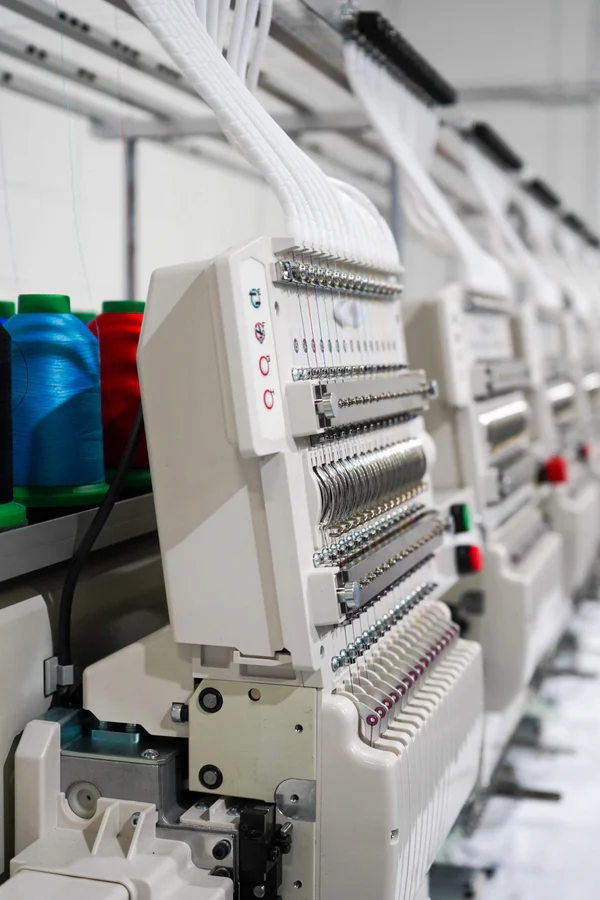 Industrial embroidery machine threading custom apparel