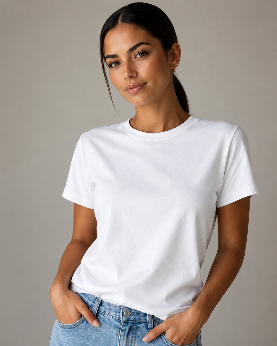 Model wearing a custom blank tee